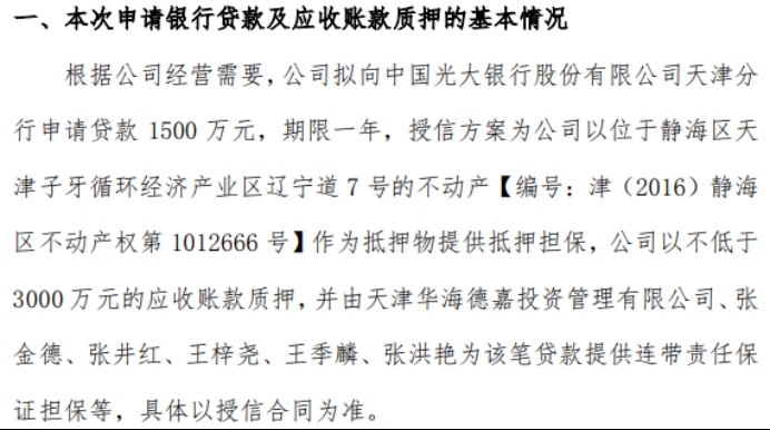 沃达尔拟向银行申请1500万贷款 天津华海德嘉投资管理有限公司提供连带责任保证担保  第1张