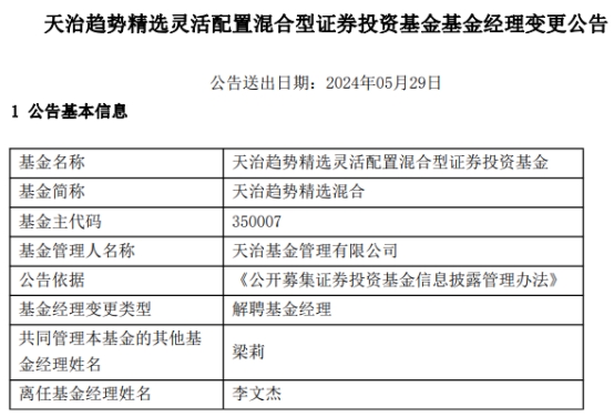 天治基金李文杰离任2只混基  第2张