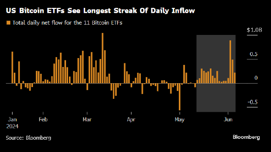 美国比特币ETF资金连续流入天数创纪录 期权市场押注比特币本月会新高