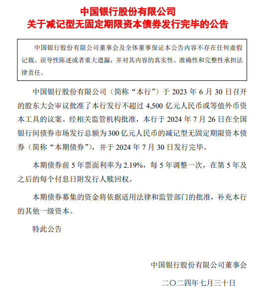 中国银行：完成发行300亿元减记型无固定期限资本债券