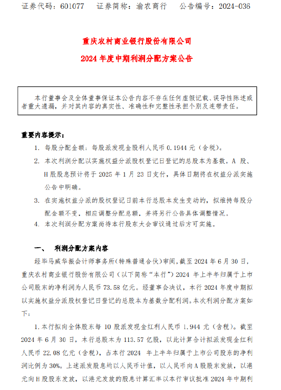 渝农商行：拟每股派发现金股利0.1944元  第1张